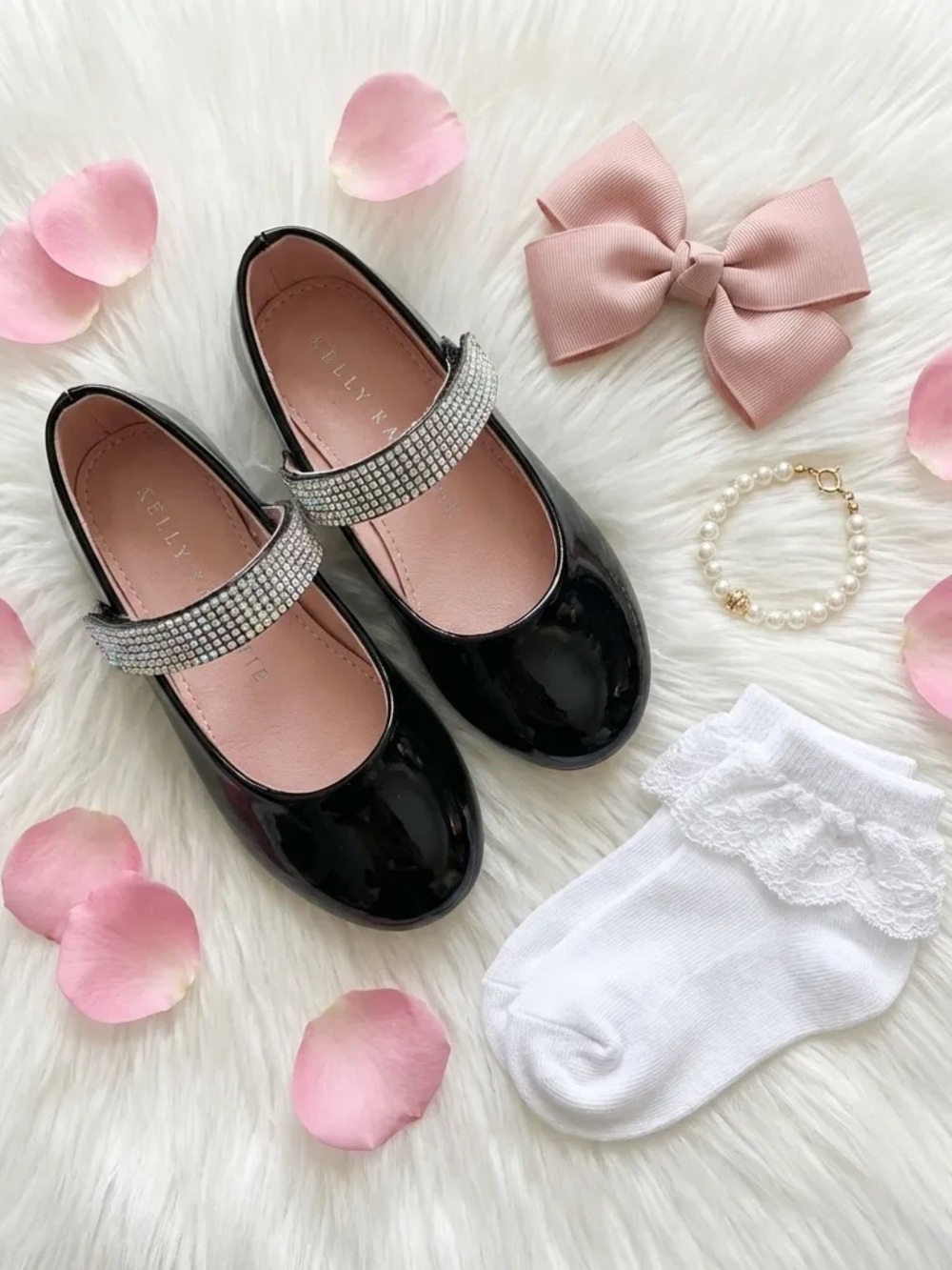 Kelly & Katie Black Patent Mary Jane Shoes with Iridescent Crystal Strap